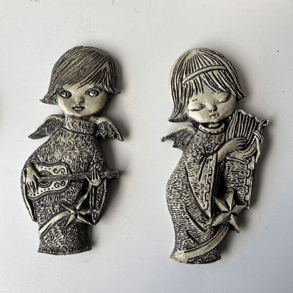VTG Mid Century Angel Wall Plaques Set of 2 | Chalkware Lute Harp Retro Atomic E - Picture 2 of 3